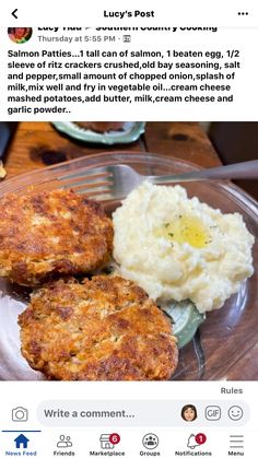 two crab cakes and mashed potatoes on a plate with a fork in the middle