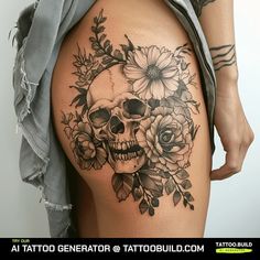 a woman's thigh with a skull and flowers on it