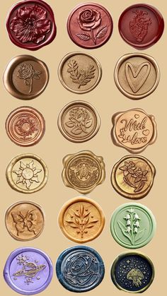 some different types of waxed seals with flowers and leaves on them, all in different colors