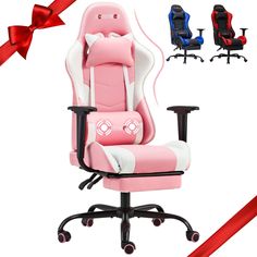 a pink and white gaming chair with red ribbon