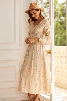 V Neck Long Sleeve Button Detail Floral Midi Dress Modest Floral Dress, Floral Chiffon Maxi Dress, Cotton Linen Dresses, Long Sleeve Short Dress, Maxi Dress Cotton, Chiffon Maxi Dress, Ruffled Maxi Dress, Maxi Dresses Casual, Midi Dress With Sleeves