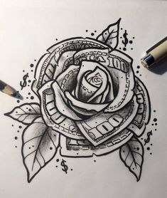 a drawing of a rose with some writing on it and two pencils next to it