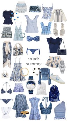 Greek summer pieces #greece #greekaesthetic #greeksummer #summer #summerbasics #stockholmstyle #aesthetic #greeceaesthetic #love #blue #white #gold #pretty #stockholm #greek #fashion #cute #greece Greece Summer Outfits, Beachy Girl Aesthetic, Greek Outfit, Beach Aesthetic Outfits, Abba Outfits, Greek Summer, Summer Pieces, Summer Holiday Outfits