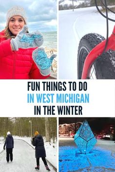 four pictures with the words fun things to do in west michigan in the winter and photos of people on snow bikes