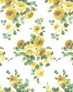 yellow roses and green leaves are on a white wallpaper pattern that looks like it has been painted