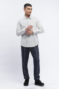 White pure cotton shirt with stripe print. - Aza Fashions White Signature Stripes Shirt For Work, Pinstripe Cotton Shirt With Striped Collar, Cotton Tops With Signature Stripes For Work, Cotton Striped Tops For Work, White Relaxed Fit Shirt With Vertical Stripes, Men Shirts, Stripe Shirt, Formal Shirts, Shirt Pattern