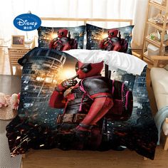 the deadpool bedding set is shown in this room