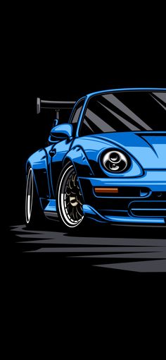 a blue sports car on a black background