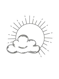 a black and white drawing of the sun with clouds