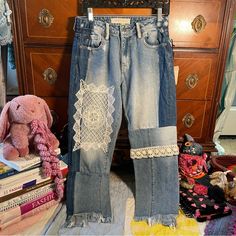 “It’s Not Just Eco, It’s Eka!” New Fashion Designer Ig: Erikakellyapparel Funky And Unique Original Label Is Hidden Jeans Measurements Laying Flat: Waist 15” Front Rise 11” Inseam 26” Poshmark Designer Obo Lucky 8 Game (Basically An Auction But Backwards.. You Pick Price) Hidden Jeans, Patchwork Denim, Upcycle Jeans, Denim Patchwork, Vintage Jeans, Colored Jeans, Hand Sewn, Fashion Designer, Hand Sewing