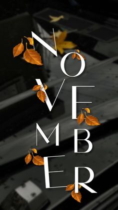 an image of the words november written in white on a black background with falling leaves