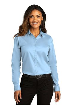 Port Authority ® Ladies Long Sleeve SuperPro ™ React ™ Twill Shirt - CLOUD BLUE - L | Port Authority Women's Long Sleeve SuperPro React Twill Shirt in Cloud Blue Size Large | Cotton/Polyester Blend Shirts For Women Stylish, Women Work Blouse, Port Authority, Twill Shirt, Blouse Work Designs, Work Wear Women, Dress Shirts For Women, Blouse Outfit, Woven Dress