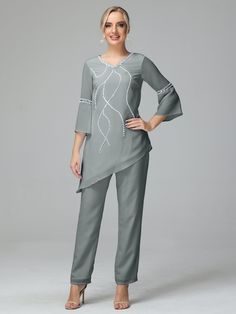 Steel_Grey Elegant Gray Long Sleeve Sets, Gray Long Sleeve Wedding Set, Beading Dress, Classic Tailoring, Dress Pant Suit, Chiffon Material, Chiffon Long Sleeve, Mother Of The Bride Dress, Dress Purchase