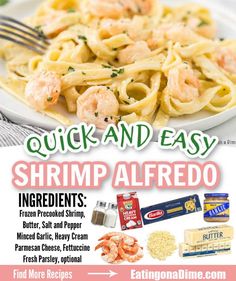 an advertisement for shrimp alfredo on a white plate with pasta and parmesan cheese