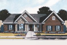 this is an artist's rendering of the front elevation of these ranch house plans