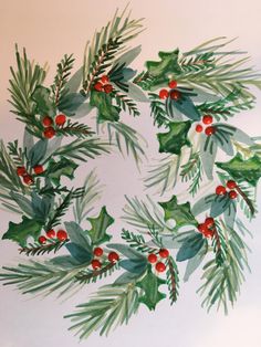 a watercolor painting of holly wreath with red berries and green leaves