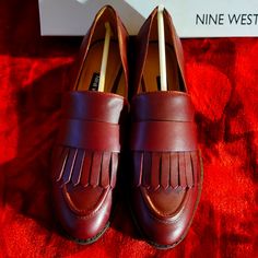 Dark Red Leather Nine West Loafers Size 6.5m Style Owyn Closed Toe Loafers With Red Sole For Fall, Fall Loafers With Red Sole And Closed Toe, Red Round Toe Dress Shoes For Fall, Red Dress Shoes With Round Toe For Fall, Fall Pointed Toe Loafers With Red Sole, Burgundy Round Toe Loafers For Fall, Burgundy Loafers With Flat Heel For Fall, Red Business Loafers, Red Business Loafers For Fall