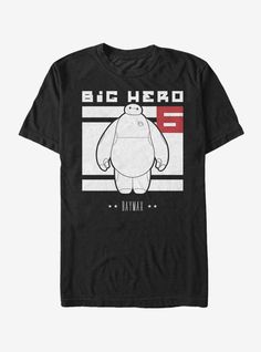 Explore the city streets of San Fransokyo with the Big Hero 6 Baymax Block Black T-Shirt! A white and red print on the front of this men's Big Hero 6 shirt features Baymax above his name and four stars. 100% Cotton. Big Hero 6 Costume, San Fransokyo, Logo Silhouette, Superhero Team, Baymax, Hero 6, Rock T Shirts, Big Hero 6, Team T Shirts