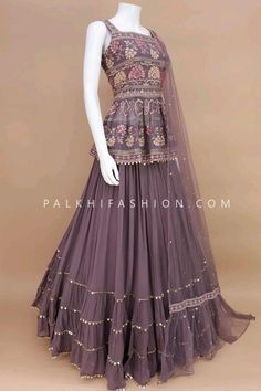 Peplum Top Lehenga, Mauve Lehenga, Palkhi Fashion, Long Blouse Designs, Lehenga Designs Simple, Dark Mauve, Fancy Dresses Long