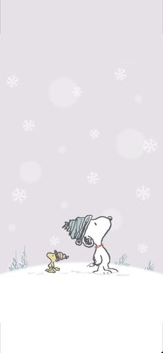 a charlie brown christmas card with snowflakes on the ground and a dog looking at it