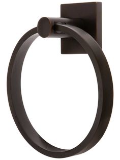 a black metal towel ring on a white background, with the handle extended to it's left side