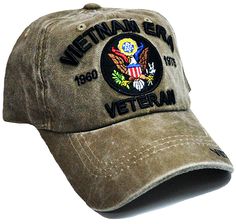 US Vietnam War ERA Veteran tan Hat, 1960 to 1975 Embroidered letters Celebrates the service of Vietnam ERA Veterans Adjustable strap to fit most adults, men and some women Pre-curved bill. Structured, low-profile crown, button top and sewn eyelets for ventilation Durable, soft brushed Cotton Dark khaki brown, black colors Military Style Fitted Baseball Cap For Outdoor, Military Style Adjustable Baseball Cap For Outdoor, Veteran Hats, Breathable Military Baseball Cap, Brown Military Baseball Cap For Outdoor, Tan Hat, Embroidered Letters, Khaki Cotton Military Baseball Cap, Womens Khakis