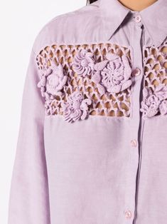 Amir Slama floral-lace Detail Oversize Shirt - Farfetch Pointed Flat Collar, Purple Linen, Oversize Shirt, Flat Collar, Yoko London, Wardrobe Edit, Lilac Purple, Boots Fall, Exclusive Fashion