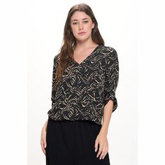 The Alexa Surplice Rolltab blouse is a closet staple and favorite item at West K! This three quarter sleeve woven blouse is the perfect everyday top - it has a faux wrap in the front creating a flattering v-neckline and tabs at the sleeve to add an elevated touch. Material - 100% Polyester. Machine washable. Versatile V-neck Viscose Blouse, Viscose V-neck Top For Work, Chic Viscose V-neck Tops, Chic V-neck Viscose Top, Black V-neck Top For Work, Versatile Viscose V-neck Blouse, Versatile V-neck Blouse In Viscose, Viscose V-neck Blouse, Black V-neck Top Versatile Style