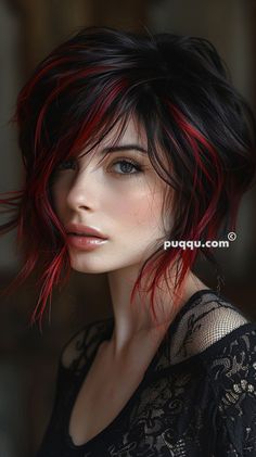 Hair With Colored Highlights, Emo Red Hair, Goth Hair Ideas, Red Hair Black Hair, Halloween Hair Color Ideas, Black Hair With Red, Hair With Red Highlights, Black Hair With Red Highlights, Goth Hairstyles