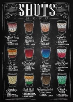 a poster with shots and names on it