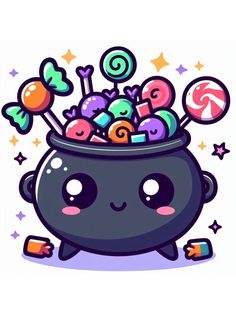 a pot filled with lots of candies and lollipops