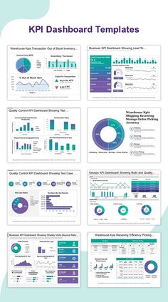 a bunch of info sheets that are on top of a blue and white background with the words kpi dashboard templates