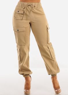 Khaki Color
 Available in other colors. 
Elastic waist. Drawstring waist. Elastic cuffs. Solid. 
Skinny. Pull up style. Functional front pockets, 2 functional back pockets, functional leg pockets.  Stretchy Material made from 76% Rayon, 21% Nylon, 3% Spandex Machine wash cold; Tumble dry low Rise approx 11''. Inseam is 29''. Leg opening is 9". High Waist.   Imported
Measured from and model wearing size Small 
 SKU: 10622H_RP576KHK Cargo Jogger Pants, Cargo Joggers, Career Wear, Dressy Tops, Khaki Color, Basic Tops, Pull Up, Jumper Dress, Cardigan Jacket