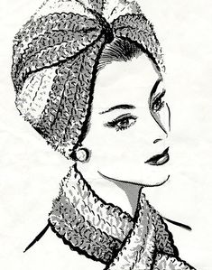 a black and white drawing of a woman wearing a knitted hat with a scarf around her neck