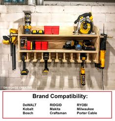 a wall mounted tool rack with tools on it and the words brand compatibility