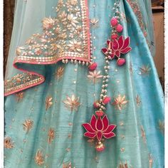 Love the blue pink raw silk gota patti wedding lehenga with latkans from Jaipur. Click on picture to see lehenga price. #Frugal2Fab Saree Bollywood, Red Lehenga, Trendy Blouse Designs, Lehenga Designs