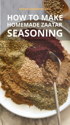 how to make homemade zaata seasoning on a white plate with spoon and spices