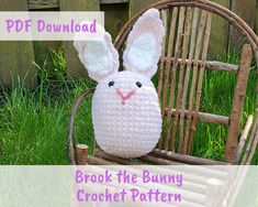 a crocheted bunny sitting on top of a wooden chair with the text, free pattern