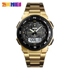 Color: gold watch Time Alarm, Mens Sport Watches, Mens Fashion Watches, Watch Fashion, Waterproof Watch, Men's Watches, Luxury Watches For Men, Stainless Steel Band, Stainless Steel Watch