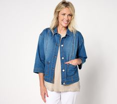 A relaxed fit denim jacket? Sounds like layering heaven to us! And with Lori Goldstein's designer touches (like princess seaming for flattering structure), this go-everywhere style maintains an elevated vibe, making it a natural partner to both everyday tees and fancy-ish dresses. (Love that look!) From LOGO by Lori Goldstein®. Dark Wash Tops With Patch Pockets For Spring, Spring Medium Wash Denim Top With Patch Pockets, Denim Outerwear With Pockets For Casual Gatherings, Casual Denim Outerwear With Pockets, Light Wash Spring Top With Patch Pockets, Spring Relaxed Fit Denim Jacket With Patch Pockets, Light Wash Tops With Patch Pockets For Spring, Spring Denim Jacket With Patch Pockets And Relaxed Fit, Spring Light Wash Denim Jacket With Patch Pockets