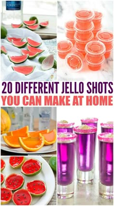 different shots with text that reads 20 different jello shots you can make at home