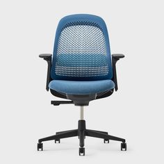 an office chair with blue upholstered back and seat, viewed from the front