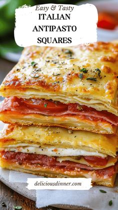 three layered pizzas stacked on top of each other with text overlay that reads easy and tasty italian antipasto squares