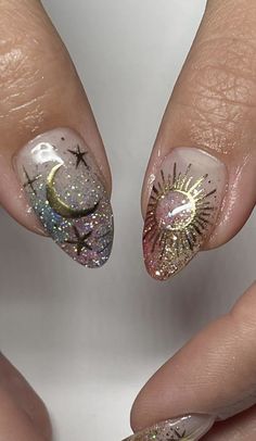 Celestial Wedding Nails For Bride, Nails With Sun Design, Moon Sun Nails, Sun Moon Nails, Fairy Nails Designs, Sun And Moon Nails, Sun Nail Art, Virgo Nails, Moon Nail Art