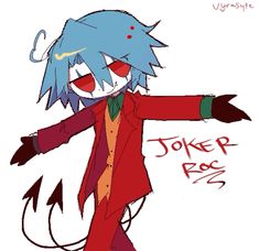 an anime character with blue hair wearing a red suit and holding his arms out in the air