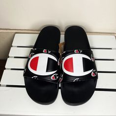 *** Brand Champion *** Size 12 *** Nwt Black Low-top Beach Sandals, Black Low-top Sandals For Summer, Mens Slides Sandals, Champion Slides, Mens Slide Sandals, Champion Shoes, Slide Flip Flops, Black Hook, Mens Slides