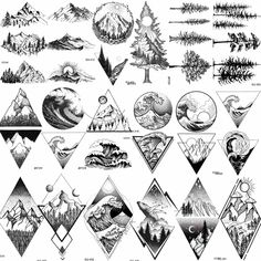 the different types of mountains and trees in black and white, with an arrow pointing to them