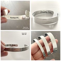 "★ ITEM DESCRIPTION: * Aluminum cuff. Thin 6\" long x 1/4\" wide flat. Medium 6\" long x 3/8\" wide flat. Thick 6\" long x 1/2\" wide flat. Once shaped, it is adjustable to fit most wrist sizes. These cuffs are made from food safe, hypoallergenic, lightweight aluminum that will not change color or tarnish. * Velvet pouch ★ HOW TO ORDER: 1/ From the drop down menu, select a font (picture in listing). 2/ From the drop down menu, select a size: thin, medium or thick. 3/ Please enter the text you wo Textured Bracelet, Newnan Ga, Pattern Bracelet, Floral Cuff, A Font, Velvet Pouch, Cartier Love Bracelet, Food Safe, Cuff Bracelet