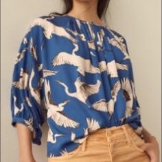 Fabulous Pheasant Print With An Oversized Fit. Blouse Is Small But It May Fit Comfortably A Medium. Blue Tops With Blouson Sleeves For Brunch, Blue Blouson Sleeve Tops For Brunch, Blue Relaxed Fit Top With Blouson Sleeves, Blue Tops With Blouson Sleeves For Daywear, Blue Top With Blouson Sleeves For Daywear, Blue Blouson Sleeve Tops For Daywear, Blue Printed Blouse For Daywear, Tropical Print Top, Floral Peplum