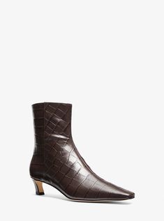 Cosmo Crocodile Embossed Leather Boot Elegant Leather Heeled Boots With Crocodile Pattern, Luxury Leather Heeled Boots With Crocodile Pattern, Fitted Crocodile Pattern Pointed Toe Boots, Brown Crocodile Pattern Classic Boots, Crocodile Heeled Boots, Mini Robes, Effortless Chic, Emboss, Embossed Leather